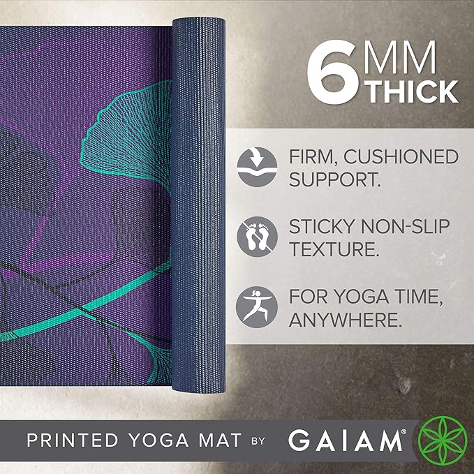 Gaiam Yoga Mat - Premium 6mm Print Extra Thick Non Slip Exercise & Fitness Mat for All Types of Yoga, Pilates & Floor Workouts (68"L x 24"W x 6mm Thick)