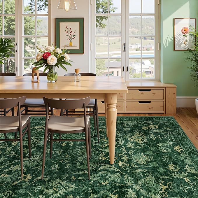 Deerly Dark Green Area Rugs 9x12 for Living Room Soft Non-Slip, Large Bedroom Rug Vintage Dining Room Rug Tribal Farmhouse Carpet for Dining Room Office Green