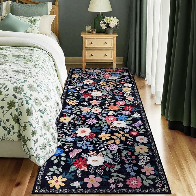 Runner Rug for Entryway: 2x6 Kitchen Rugs Non Slip Washable Ultra-Thin Soft Floral Carpet Indoor Floor Stain Resistant Carpets for Hallway Bedroom Kitchen Laundry Bathroom Dorm Black