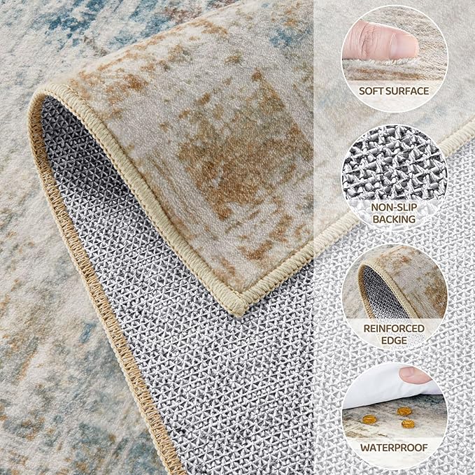 Area Rug for Living Room: 12x15 Washable Neutral Abstract Modern Soft Rugs Non Slip Indoor Floor Stain Resistant Large Carpet for Bedroom Dining Room Office Nursery - Blue Brown