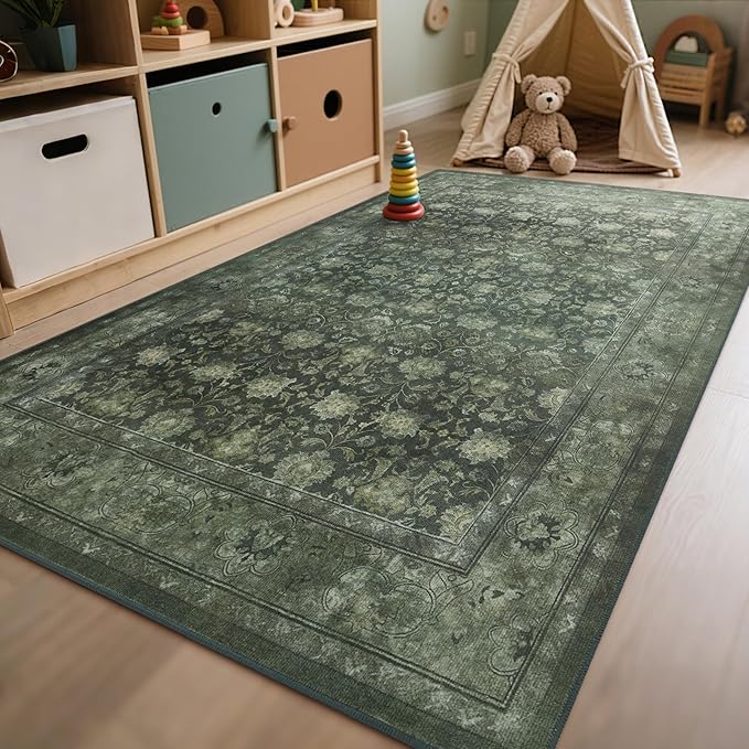Large 8x10 Washable Area Rug for Living Room, Non Slip Vintage Traditional Rugs for Bedroom, Indoor Thin Accent Floral Nursery Carpet for Dining Room, Farmhouse (Distressed Green)