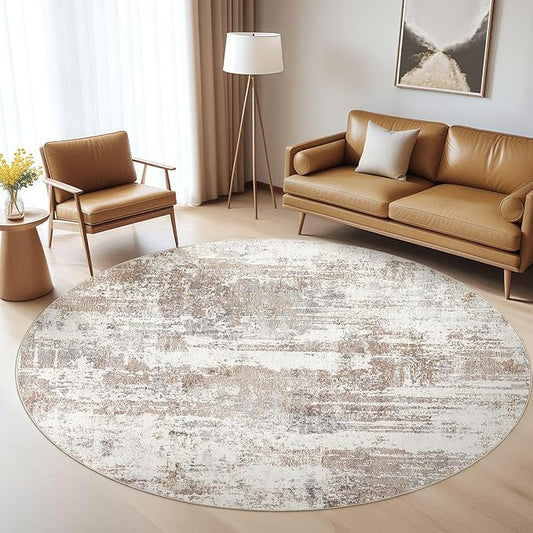 Round Rug Living Room Rugs: 5Ft Washable Circle Large Abstract Modern Soft Stain Resistant Non Slip Indoor Floor Carpet for Bedroom Nursery Office Dining Room Dorm Home House Decor- Brown