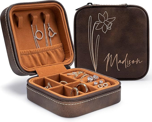Custom Leather Jewelry Box w/Name & Birth Flower Month - Birthday Gifts for Women, Personalized Jewelry Travel Case - Customized Jewelry Organizer Box, Mom Birthday Gifts - Rustic