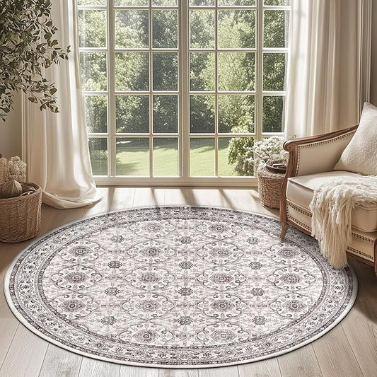jinchan Round Rug 6ft Washable Circle Soft Rug - Low Pile Vintage 6'Round Indoor Beige Floral Print Stain Resistant Boho Carpet Ultra-Thin Non-Slip for Living Room Nursery Bedroom Dining Room Kitchen