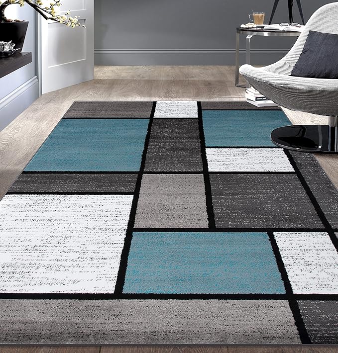 Rugshop Contemporary Modern Boxes for Home Office,Living Room,Bedroom,Kitchen Non Shedding Area Rug 10' X 14' Blue/Gray