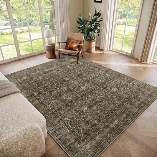 Washable 6x9 Area Rugs for Living Room, Boho Non-Slip Silicone Backing Large Rugs for Bedroom Dining Room Nursery Office, 0.3" Neutral Oriental Throw Carpet with 0.16" Cushioning Pad,Deep Brown/Multi