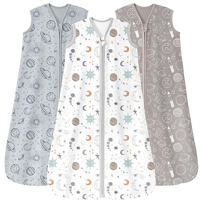 Baby Sleep Sack 18-24 Months 3 Pack 100% Cotton Lightweight 0.5 TOG Wearable Blanket Baby Sleep Bag with 2-Way Zipper for Newborn Infant White Gray Blue Space