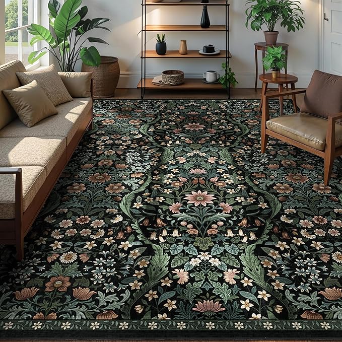 8x10 Washable Area Rug for Living Room, Large Vintage Black Floral Rugs, Soft Non-Slip Stain Resistant Boho Lightweight Carpet for Bedroom Dining Room Nursery Home Office