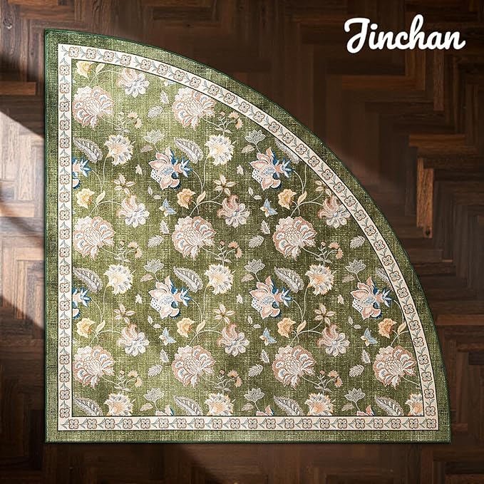 jinchan Floral Corner Rug for Kitchen Washable Nursery Rug Vintage Romance Design Non Slip Quarter Circle Lightweight Low-Pile Throw Carpet for Playroom Reading Nook Office, 5ft Radius, Green