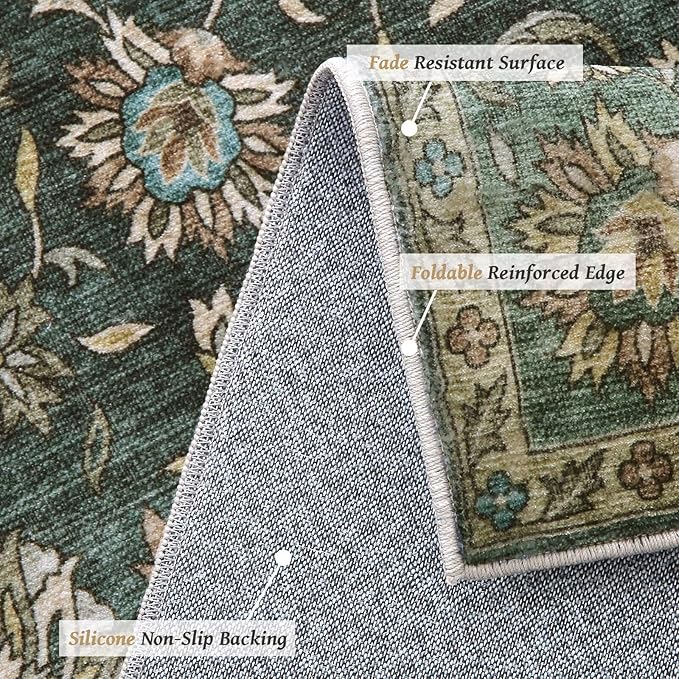 Washable 3x5 Entryway Rug Indoor, Boho Non-Slip Silicone Backing Small Rugs for Kitchen Nursery Office Bedroom, 0.3" Neutral Oriental Throw Carpet with 0.16" Cushioning Pad, Sage Green/Multi