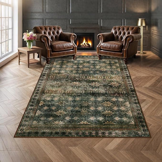 4x6 Area Rug for Bedroom Machine Washable, Non Slip Vintage Floral Kitchen Rugs for Dining Room, Rustic Indoor Floor Carpet for Kids Room, Playroom, Farmhouse(Dark Green/Brown/Multi)
