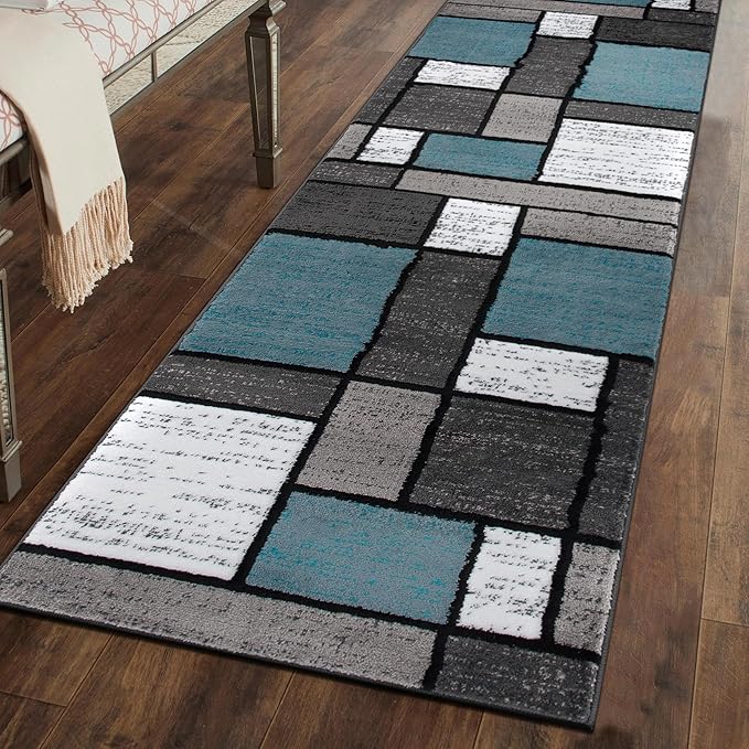 Rugshop Contemporary Modern Boxes for Home Office,Living Room,Bedroom,Kitchen Non Shedding Runner Rug 2'7" x 6' Blue