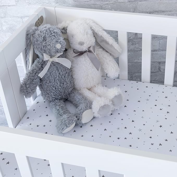 Ely's & Co. Patent Pending Waterproof Pack n Play│Mini Crib Sheet 2-Pack Set for Baby Boy or Baby Girl - 100% Combed Jersey Knit Cotton Sheets with Eco-Friendly Waterproof Lining — Grey Stars