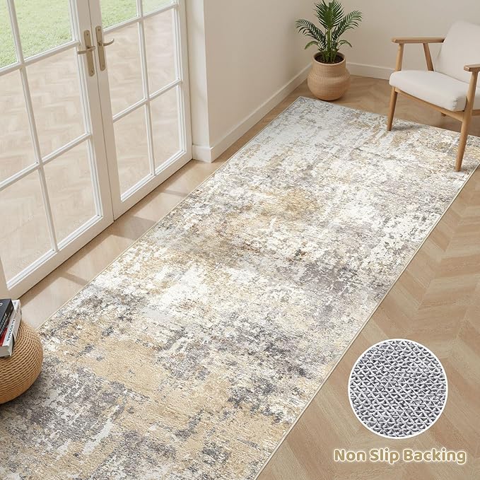Runner Rug Kitchen Washable Rugs: 2x6 Non-Slip Abstract Soft Modern Stain Resistant Indoor Floor Neutral Accent Throw Carpet for Hallway Bathroom Laundry Room Entryway Bedroom- Gray Gold