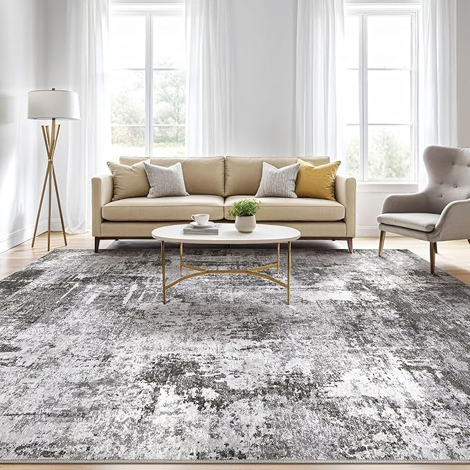 Large Area Rugs 12x15 Living Room: Washable Large Abstract Modern Soft Stain Resistant Indoor Floor Rugs Non-Slip Accent Carpet for Bedroom Nursery Playroom Office Dining Room Home House- Black Grey