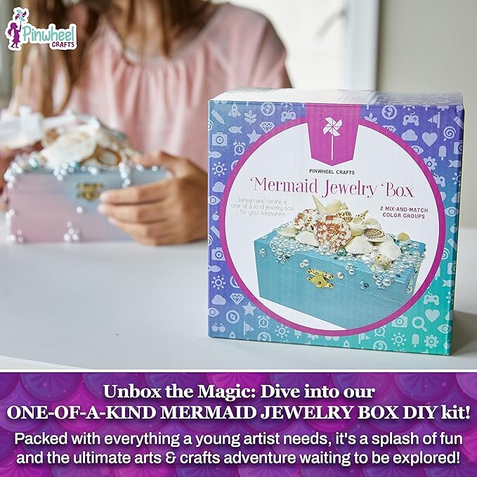 Pinwheel Crafts Mermaid DIY Jewelry Box Kit for Girls Ages 6+ - 530Pc Make Your Own Jewelry Box, DIY Craft Kits - Mermaid Craft Gifts - Painting Arts and Crafts for Girls 4-6 7 8 Years
