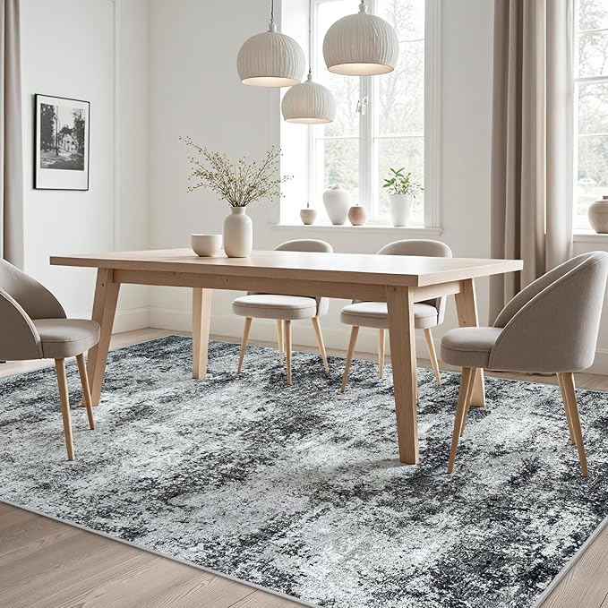 Area Rugs 8x10 Living Room Rugs: Modern Abstract Washable Rug with Non-Slip Backing, Stain Resistant Indoor Floor Large Carpet for Bedroom Dining Room Table Nursery Hallway Home Office Dark Black/Gray