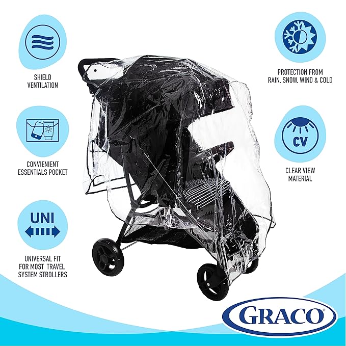 Graco Travel System Weather Shield, Baby Rain Cover, Universal Size to fit Most Travel Systems, Waterproof, Windproof, Ventilation, Sun Protection, Shade, Umbrella, Pram, Vinyl, Plastic, Clear