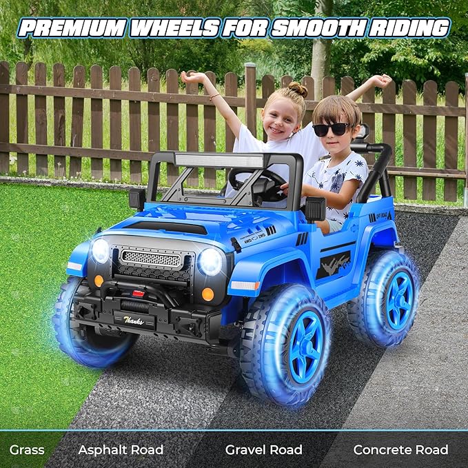 Hikole 24V Kids Ride on Car - 2 Seater, 4WD/2WD Switch, 4x200W Motor, Remote Control, 3 Speeds, LED Lights, Safety Belt, Off-Road Electric Vehicles for Boys Girls, Blue