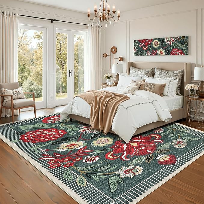 GarveeHome Floral Botanical Washable 9x12 Area Rug for Living Room Soft Grey Green Vintage Boho Cottage Large Rugs Low Pile Carpet for Bedroom Dining Nursery Rug