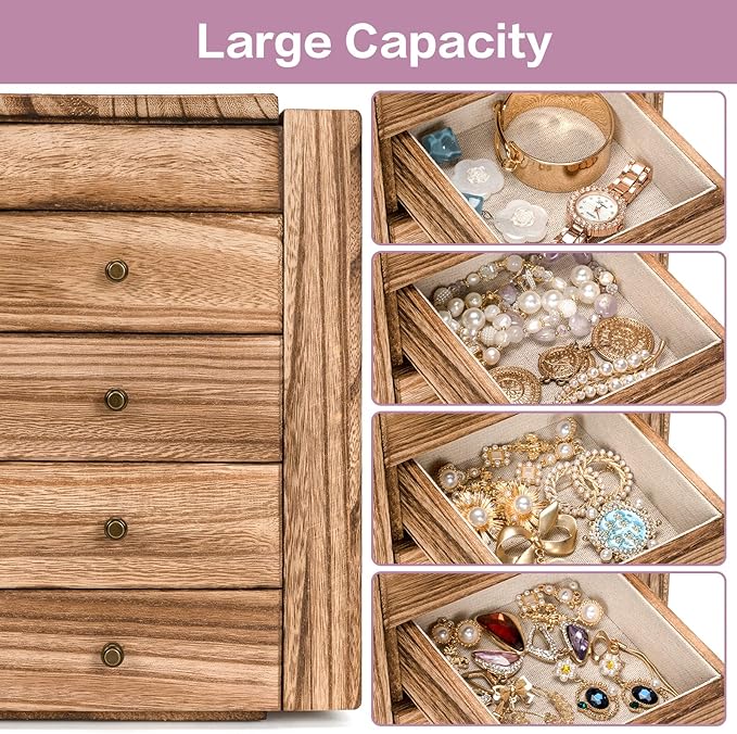 Meangood Jewelry Box Wood for Women, 5-Layer Large Organizer Box with Mirror & 4 Drawers for Rings, Earrings, Necklaces, Vintage Style, Torched Wood
