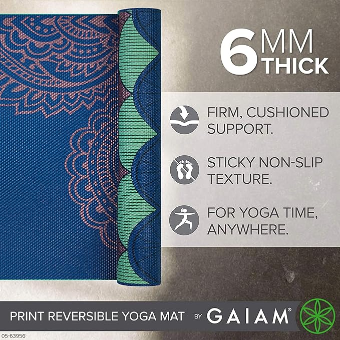 Gaiam Yoga Mat - Premium 6mm Print Reversible Extra Thick Non Slip Exercise & Fitness Mat for All Types of Yoga, Pilates & Floor Workouts (68" x 24" x 6mm Thick)