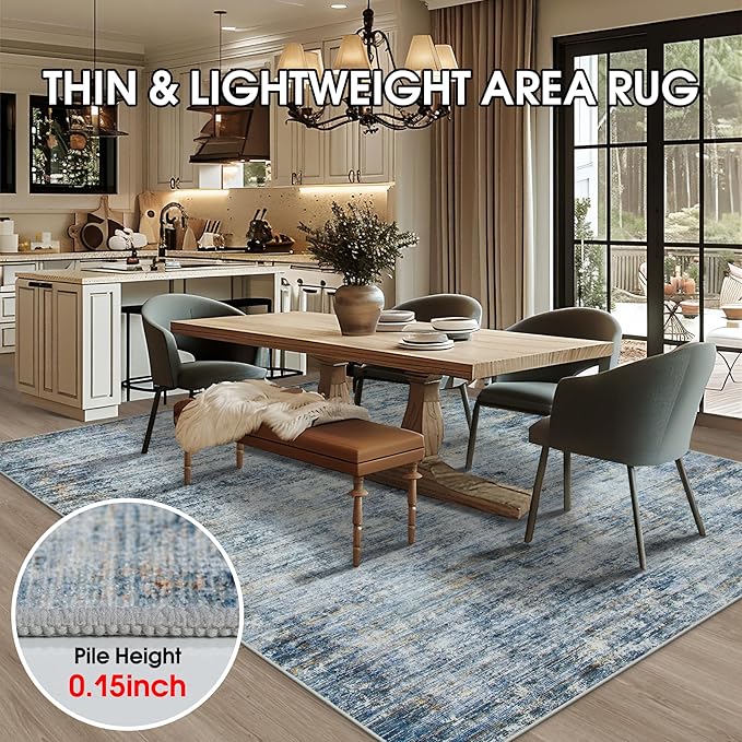 Area Rug 9x12 Washable Rugs: Abstract Large Living Room Rugs with Non-Slip Backing, Thin Carpet for Dining Room Table Bedroom Nursery Indoor Home Office-Blue Brown