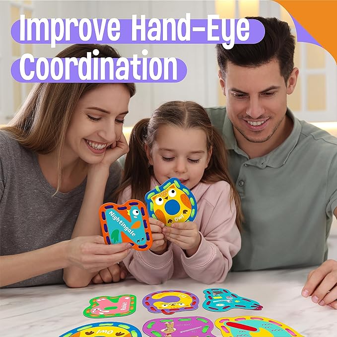 26PCS Kids Lacing Cards, 26 Double Sided Uppercase Sewing Cards with 26 Colorful Laces, Imagination Development Lacing Toys Games for Children Educational and Learning Activity