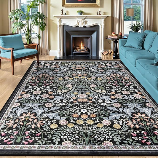 10x14 Area Rugs for Living Room: Floral Washable Rug Vintage Large Soft Boho Non-Slip Carpet Indoor Stain Resistant Low Pile Carpets for Bedroom Dining Room Farmhouse Nursery Home Office Dark Black