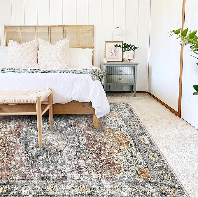 Area Rug 5x7 Washable Rug Brown Vintage Traditional Floor Cover Foldable Thin Retro Kitchen Accent Indoor Distressed Non Slip Carpet Bedroom Living Room Bathroom