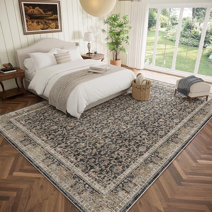 Washable 10x14 Area Rugs for Living Room, Boho Non-Slip Silicone Backing Rugs for Bedroom Dining Room Office, 0.3" Neutral Oriental Throw Carpet with 0.16" Cushioning Pad, Black/Multi