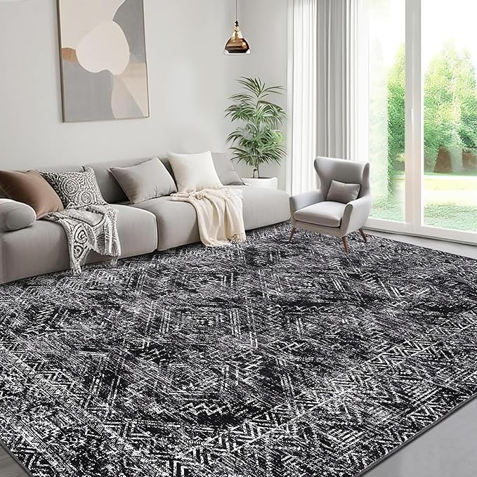 COZYLOOM 4x6 Washable Rug for Bedroom Vintage Non Slip Large Area Rug Geometric Soft Throw Rugs Low Pile Stain Resistant Carpet for Office Dining Room Living Room, Black