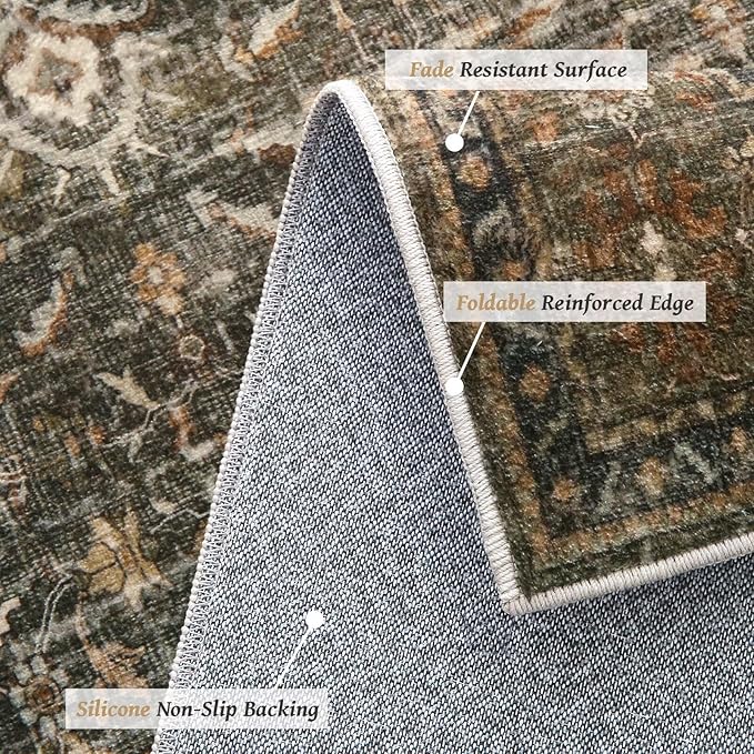 Washable 9x12 Area Rugs for Living Room, Boho Non-Slip Silicone Backing Rugs for Bedroom Dining Room Nursery Office, 0.3" Neutral Oriental Throw Carpet with 0.16" Cushioning Pad, Deep Brown/Multi