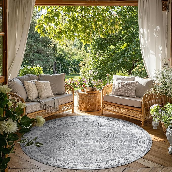 jinchan Round Rug 6ft Area Rug - Grey Vintage Floor Mat Kitchen Indoor Ultra-Thin Soft Floral Print - Washable Circle 6' Retro Accent for Farmhouse Non Slip Dining Room Living Room Bedroom Office