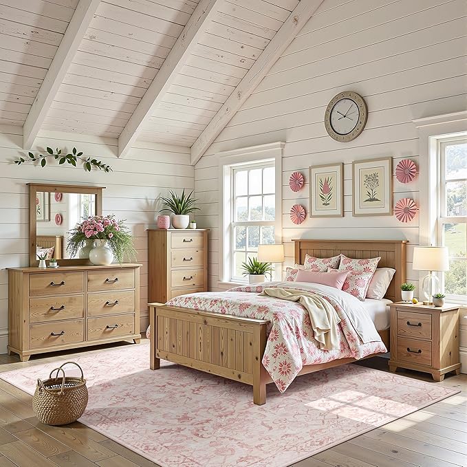 Pink Area Rugs 5x7 Rugs for Living Room, Machine Washable Rugs for Bedroom, Distressed Vintage Living Room Rug, Rug Non Slip Carpet Cream Green Area Rug for Dining Room Office