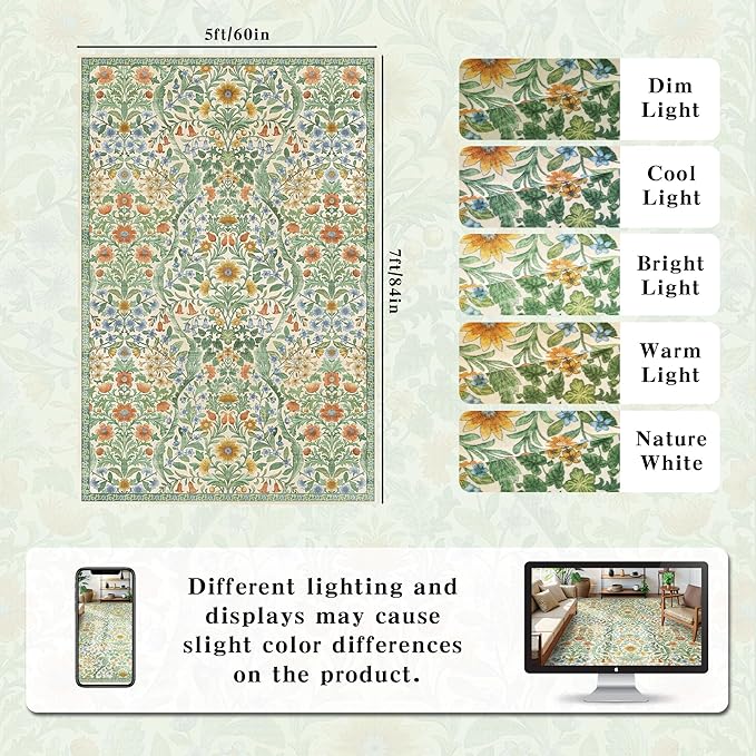 5×7 Grass Green Washable Floral Area Rug,Vintage Boho Soft Low-Pile Living Room Rugs, Stain Resistant Botanical Non-Slip Carpet for Bedroom,Dining Room, Kids Nursery,Home Decor