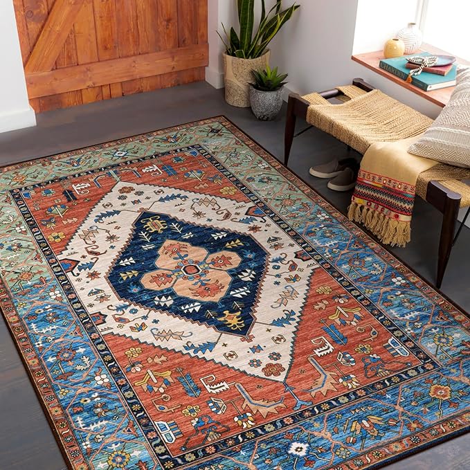 Lahome Boho Rugs for Living Room - 4x6 Area Rug Machine Washable Bedroom Rugs Non-Slip Low-Pile Entryway Carpet Throw Oriental Distressed Kitchen Indoor Floor Carpet for Dining Room Bathroom Office