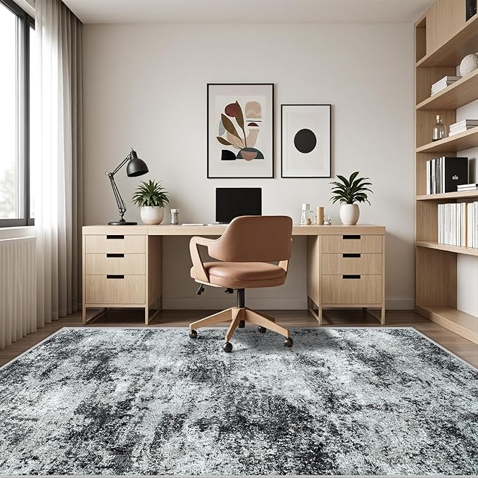 Area Rug Living Room Rugs: 5x7 Abstract Washable Rugs Ultra Soft Carpets with Non-Slip Backing Stain Resistant Carpet for Dining Room Table Bedroom Nursery Indoor Home Office Dark Black/Gray