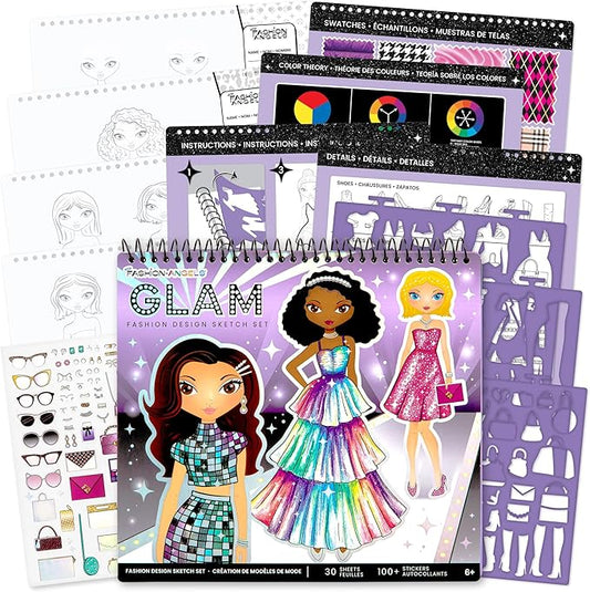 Fashion Angels Glam Fashion Sketch Set, Includes Sketch Pad with Stencils & Stickers, Fashion Design Sketch Book for Girls, Ideal Drawing Kit for Kids