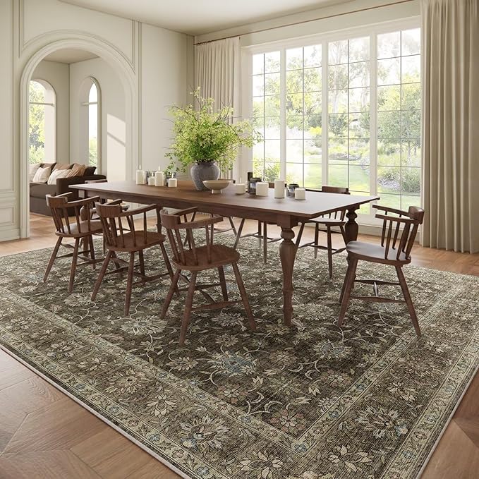 Washable 9x12 Area Rugs for Living Room, Boho Non-Slip Silicone Backing Rugs for Bedroom Dining Room Nursery Office, 0.3" Neutral Oriental Throw Carpet with 0.16" Cushioning Pad, Flaxen/Multi