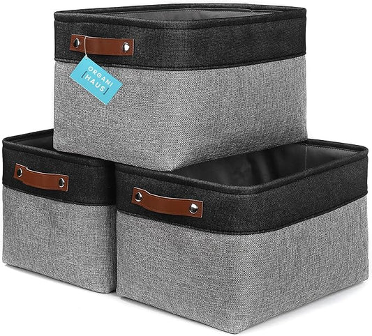 OrganiHaus Large Fabric Storage Baskets for Shelves 3 Pack | 15x11in Closet Storage Bins for Shelves | Clothes Storage Bins for Organizing | Linen Closet Organizers | Fabric Basket, Gray/Black