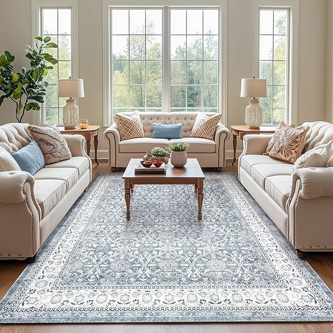 jinchan Floral 9x12 Area Rugs for Living Room - Machine Washable Vintage Distressed Boho Design Soft Throw Rug Large Carpet Low-Pile Thin Non-Slip for Bedroom Dining Room Nursery (9‘x12',Grey)