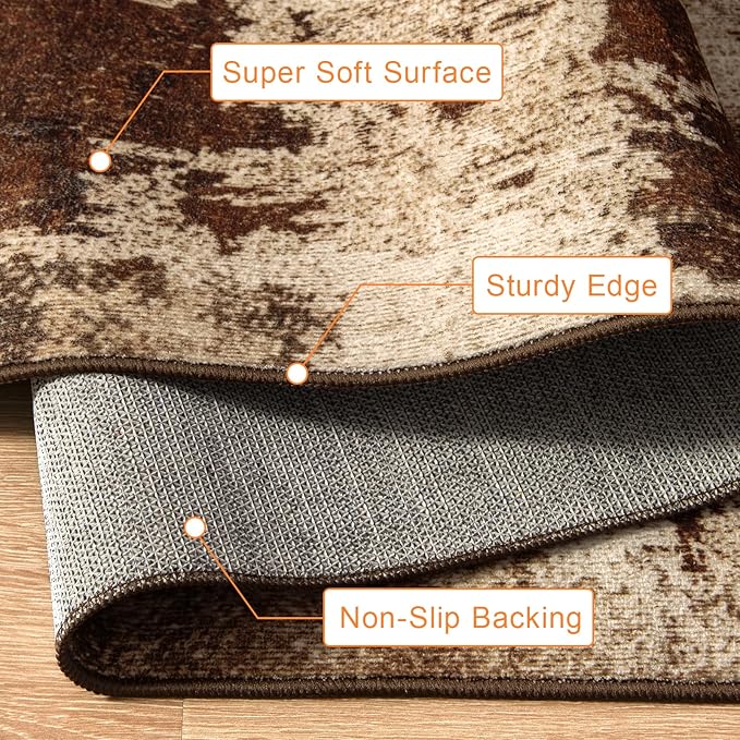 Kelarea 2x3 Brown Entryway Rug, Washable Abstract Small Rugs Non-Slip Low Pile Throw Rugs for Kitchen Floor, Front Door, Bedroom Bedside