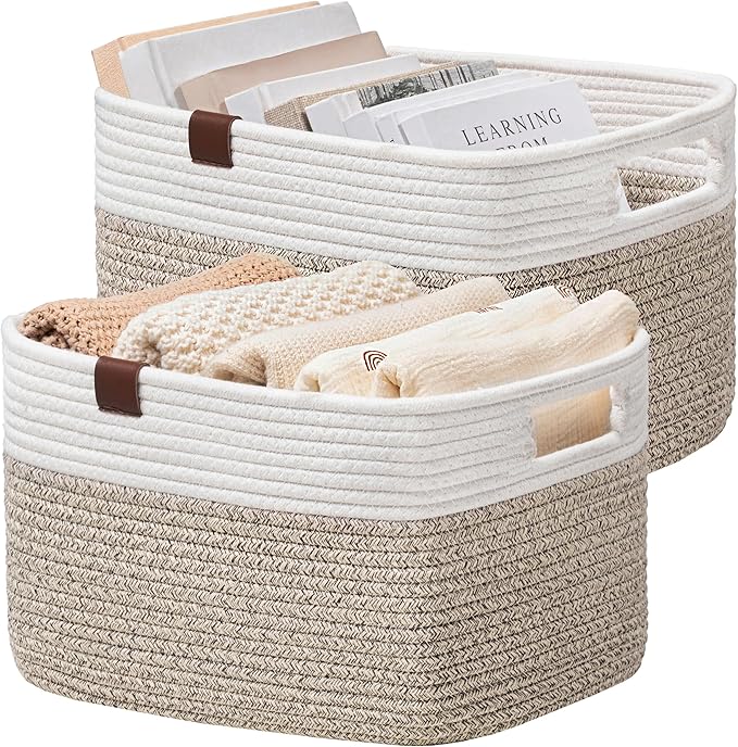 UBBCARE 2 Pack Baskets for Organizing, Woven Storage Baskets with Label for Toys and Towel, Rectangle Cotton Rope Basket with Handles, 15''L x10''W x9''H, White&Brown