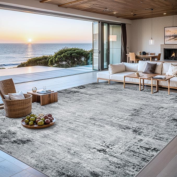 Area Rugs 10x14 Living Room - Washable Rug Modern Abstract Soft Large Neutral Non-Slip Carpet Indoor Floor Thin Carpets for Bedroom Dining Room Farmhouse Nursery Home Office Black