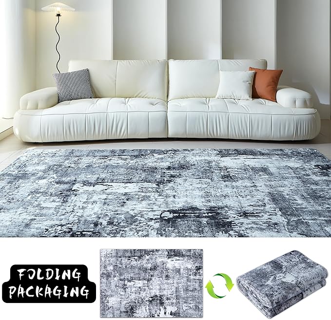 6x9 Rug Washable Bedroom Rug Large Soft Area Rug Abstract Pattern Non-Slip Faux Wool Vintage Rug for Living Room, Farmhouse, Dining Room, Kids Playroom, Grey and Black