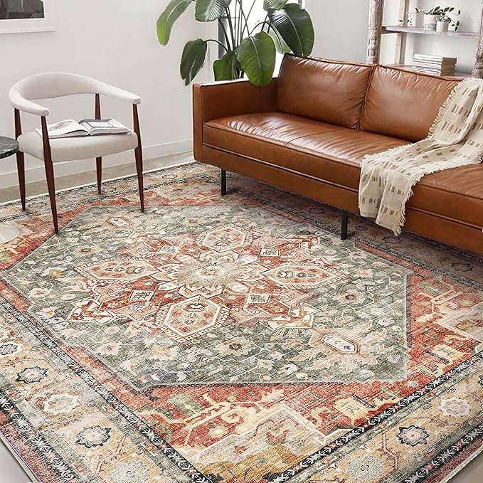 Washable Area Rug 9'x12' Red Khaki Retro Flowers Boho Design Non-Shedding Easy Care Ideal for High Traffic Areas in Living Room Bedroom Office Coffee Table Kitchen Large Carpet