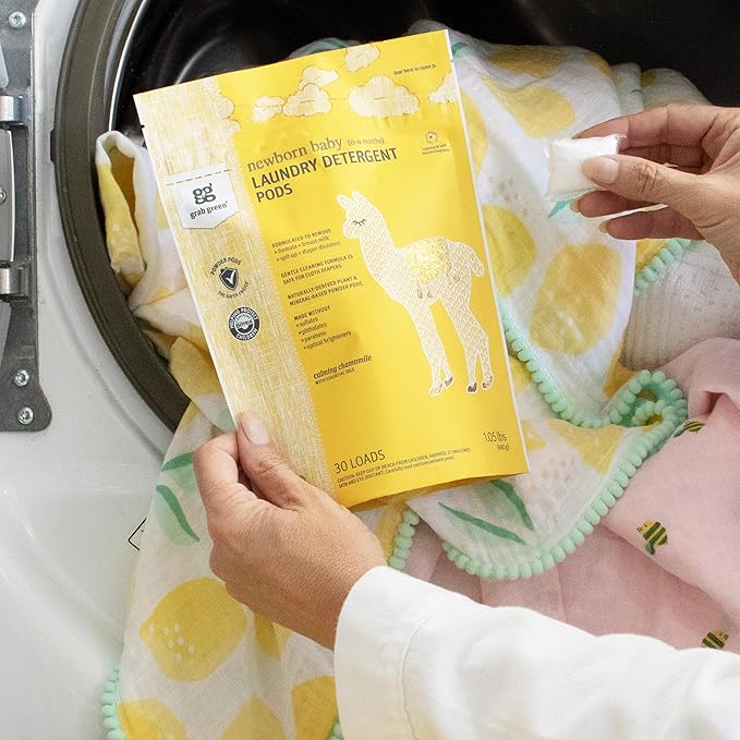 Grab Green Newborn Baby Laundry Detergent Pods, 30 Loads, Fragrance Free, Mineral Based, Non-Toxic, Stain Remover