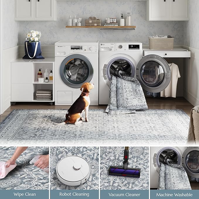 jinchan Round Rug 5ft Washable Circle Soft Rug - Low Pile Vintage 5'Round Indoor Grey Floral Print Stain Resistant Boho Carpet Ultra-Thin Non-Slip for Entryway Nursery Bedroom Dining Room Kitchen