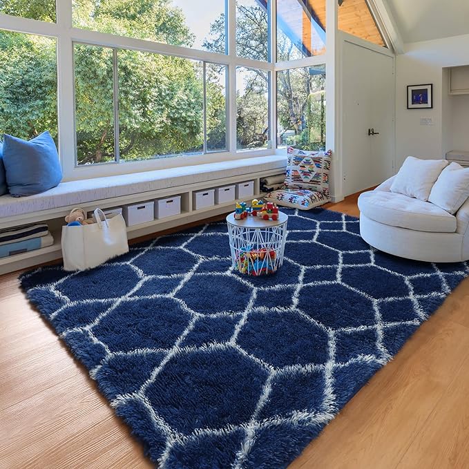ONASAR Geometric Area Rugs 5x8 for Living Room, Fluffy Moroccan Navy and White Rug for Boys Bedroom Home Decor Aesthetic, Soft Shaggy Plush Floor Carpet for Kids Girls Teen Nursery Playroom Office